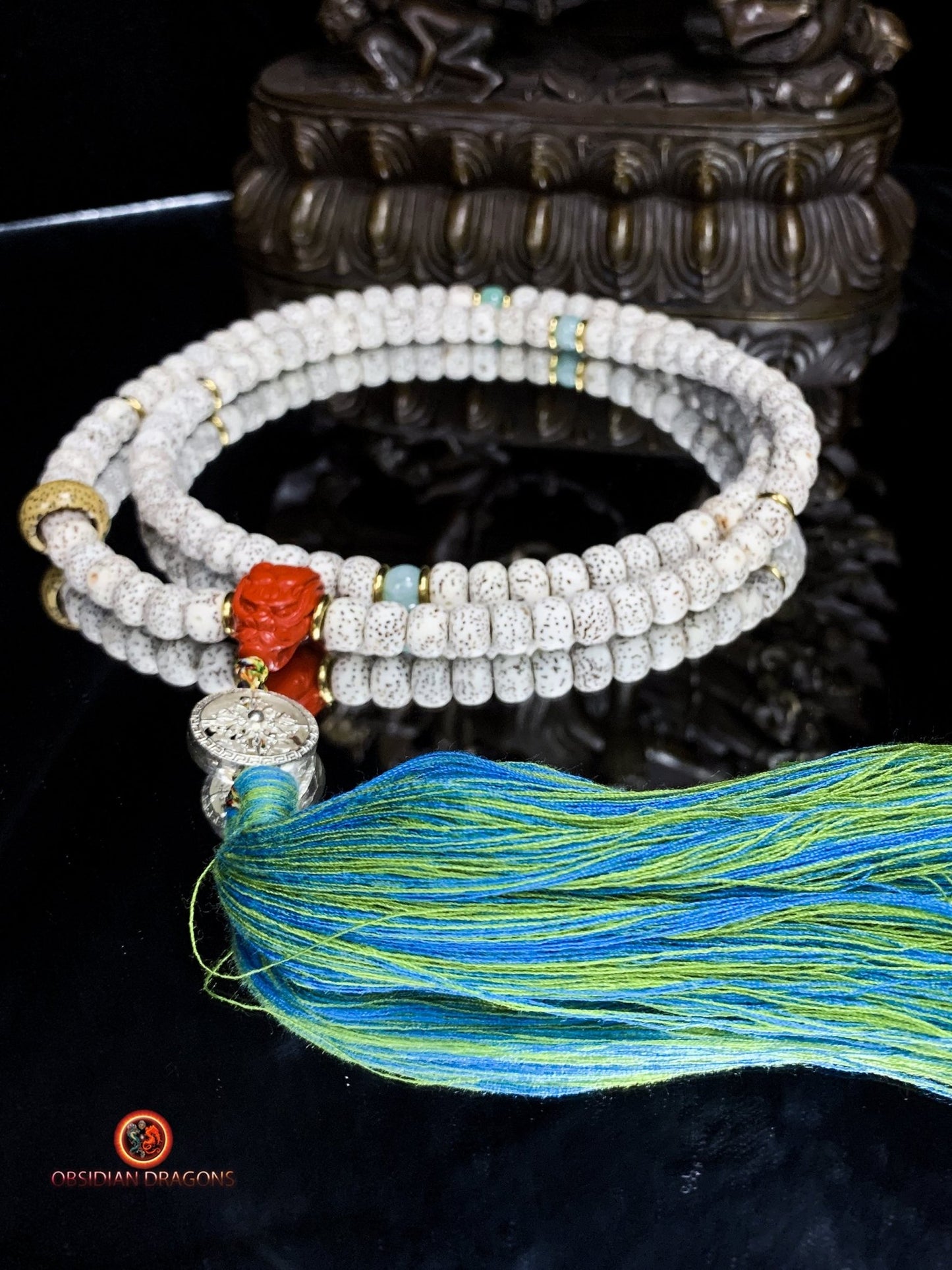 Mala artisanal- chapelet bouddhiste- 108 perles de bodhi | obsidian dragons
