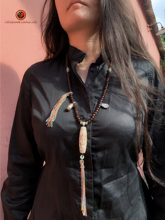 Mala en graines de bodhi fossile- DZI de Tara Verte | obsidian dragons