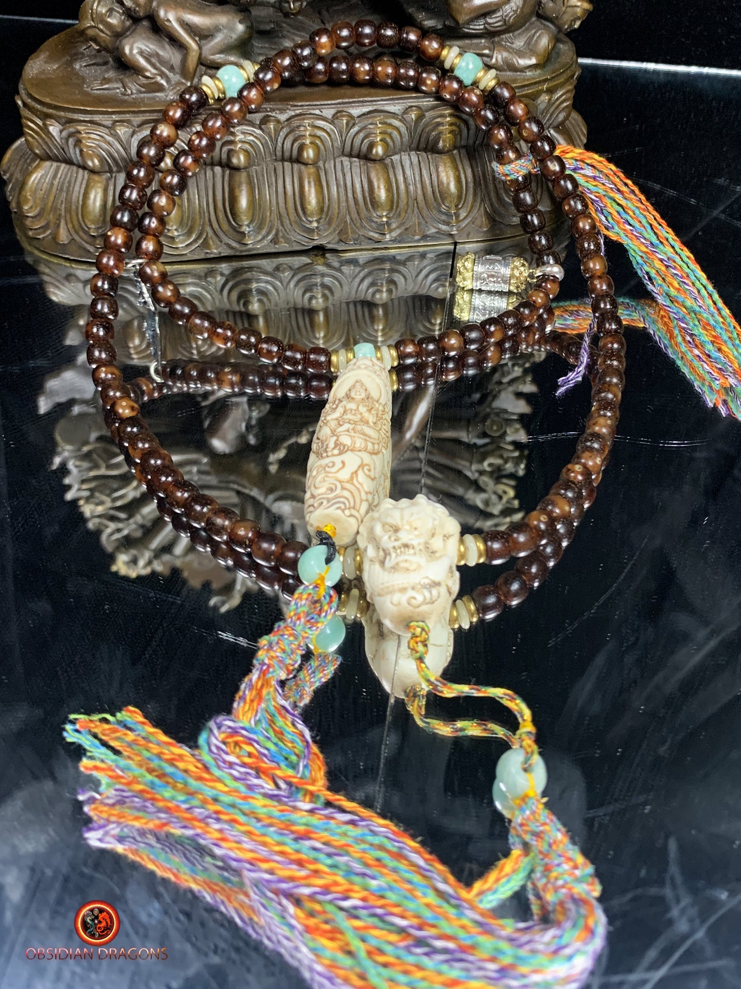 Mala en graines de bodhi fossile- DZI de Tara Verte | obsidian dragons