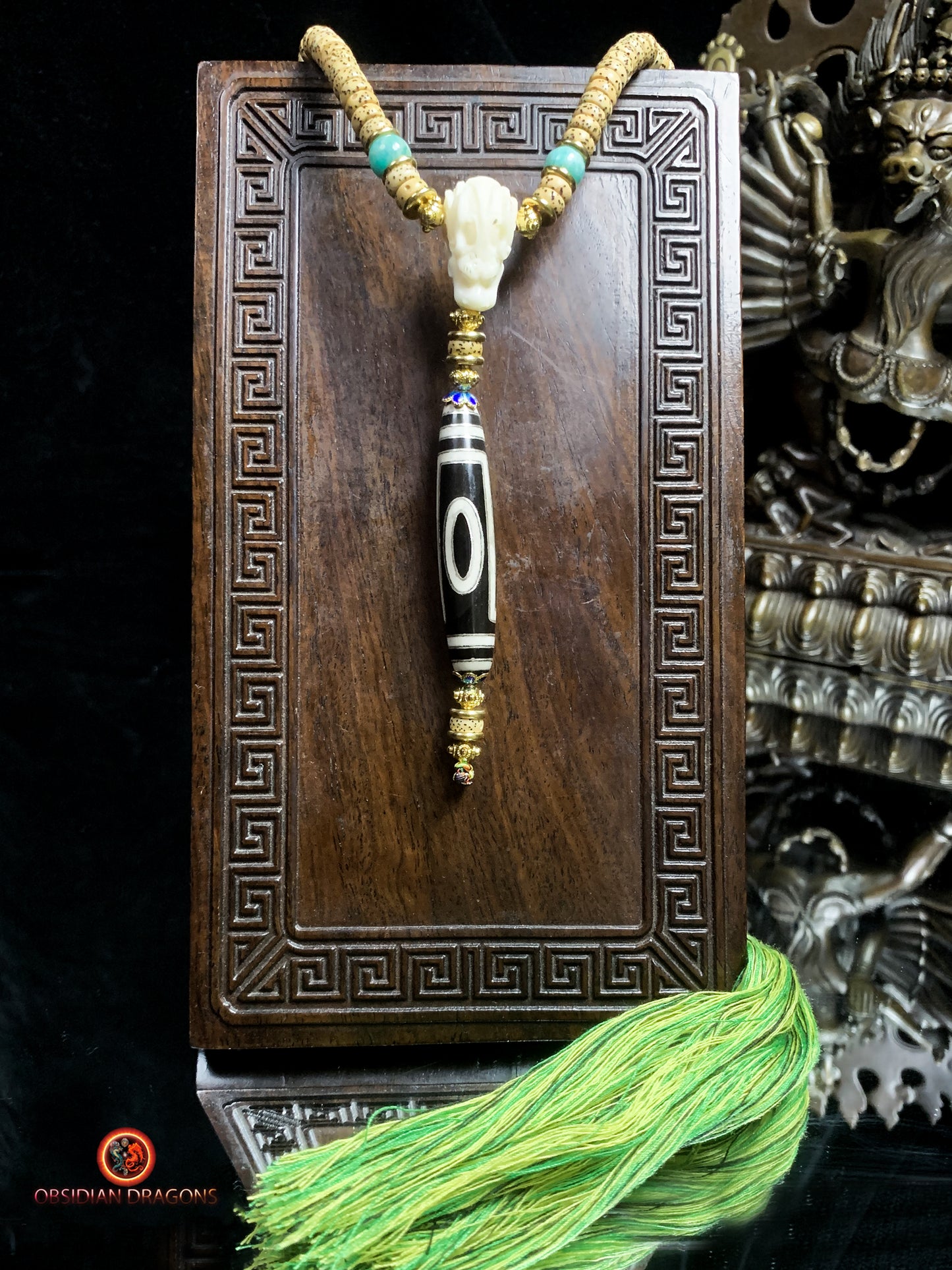 Mala tibétain- Graines de Pipal- Authentique DZI à 1 oeil | obsidian dragons