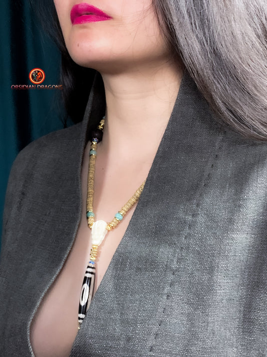 Mala tibétain- Graines de Pipal- Authentique DZI à 1 oeil | obsidian dragons