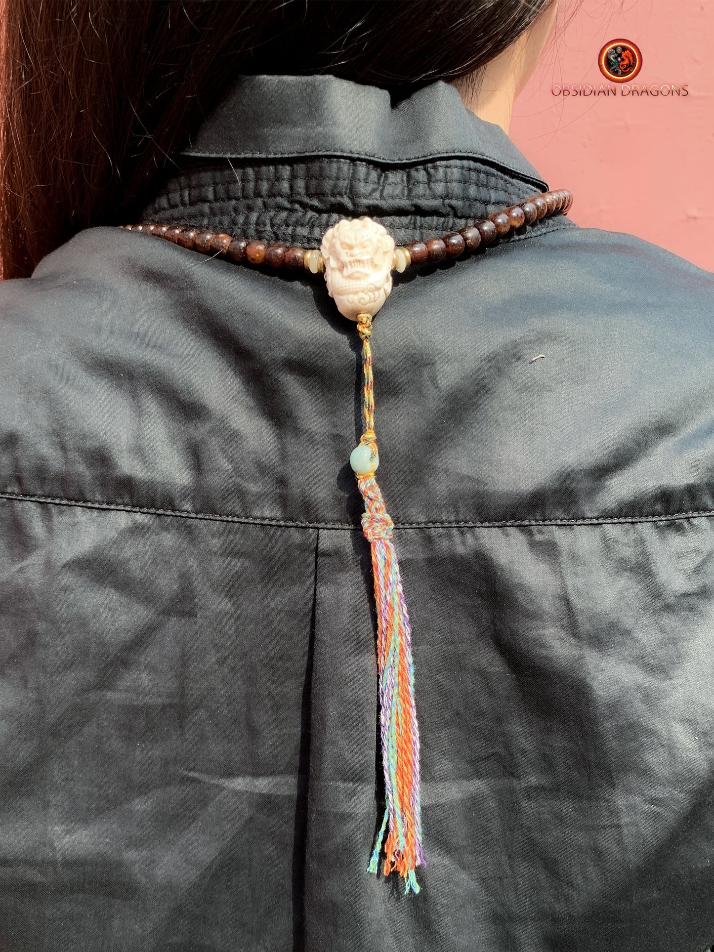 Mala en graines de bodhi fossile- DZI de Tara Verte | obsidian dragons