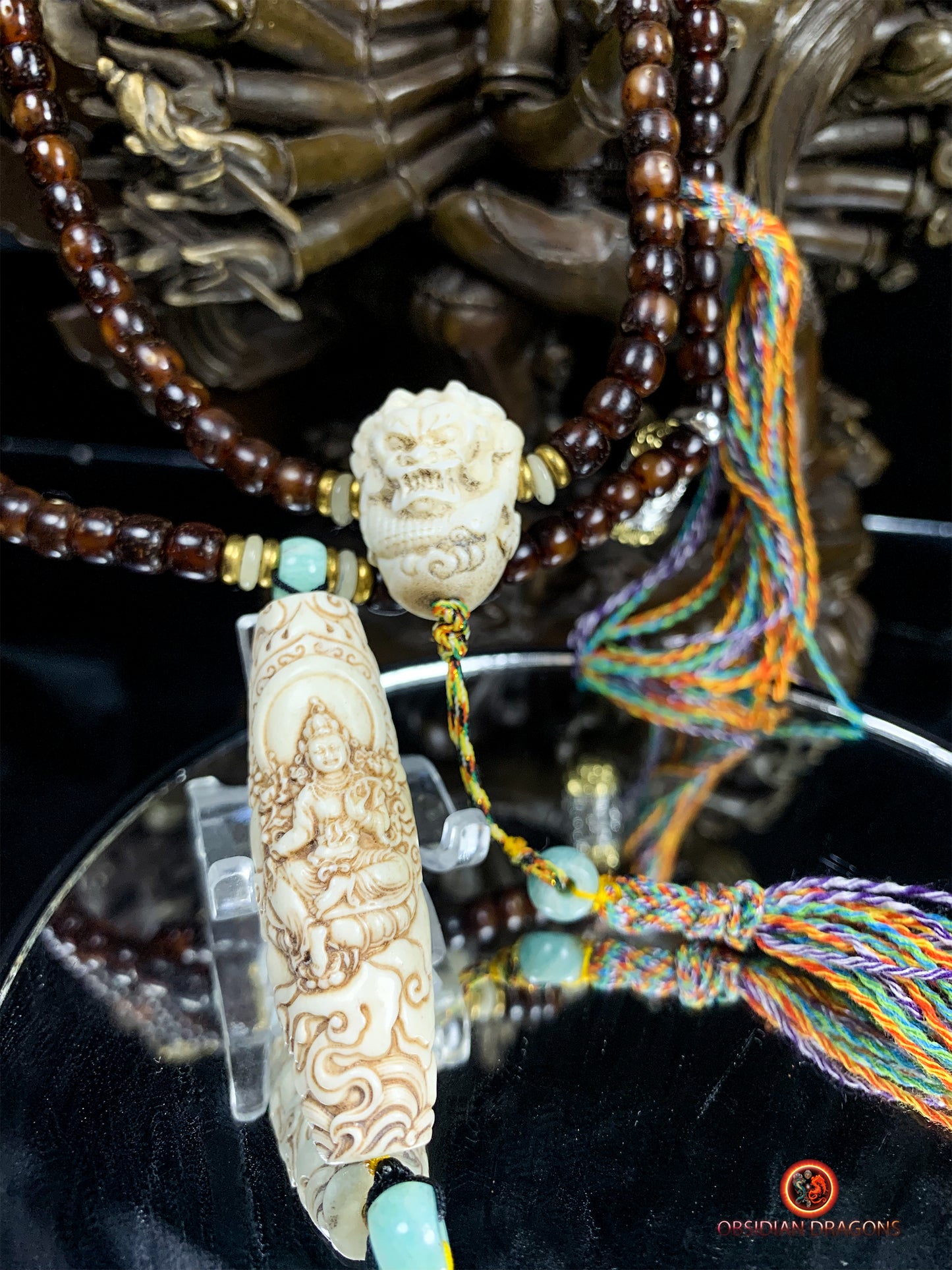 Mala en graines de bodhi fossile- DZI de Tara Verte | obsidian dragons