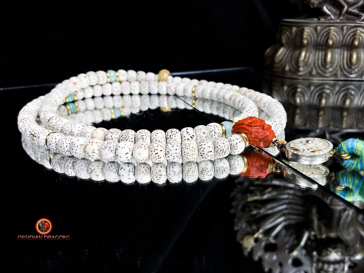 Mala artisanal- chapelet bouddhiste- 108 perles de bodhi | obsidian dragons