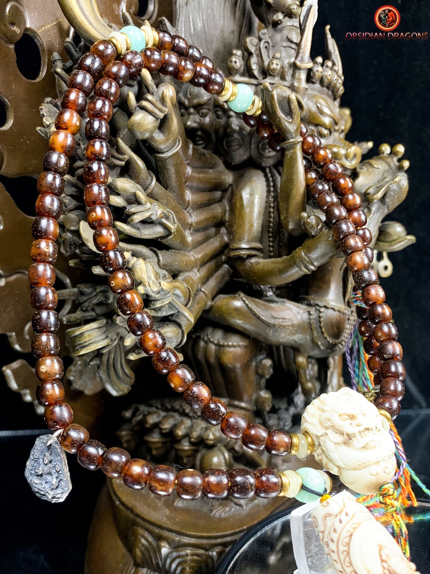 Mala en graines de bodhi fossile- DZI de Tara Verte | obsidian dragons
