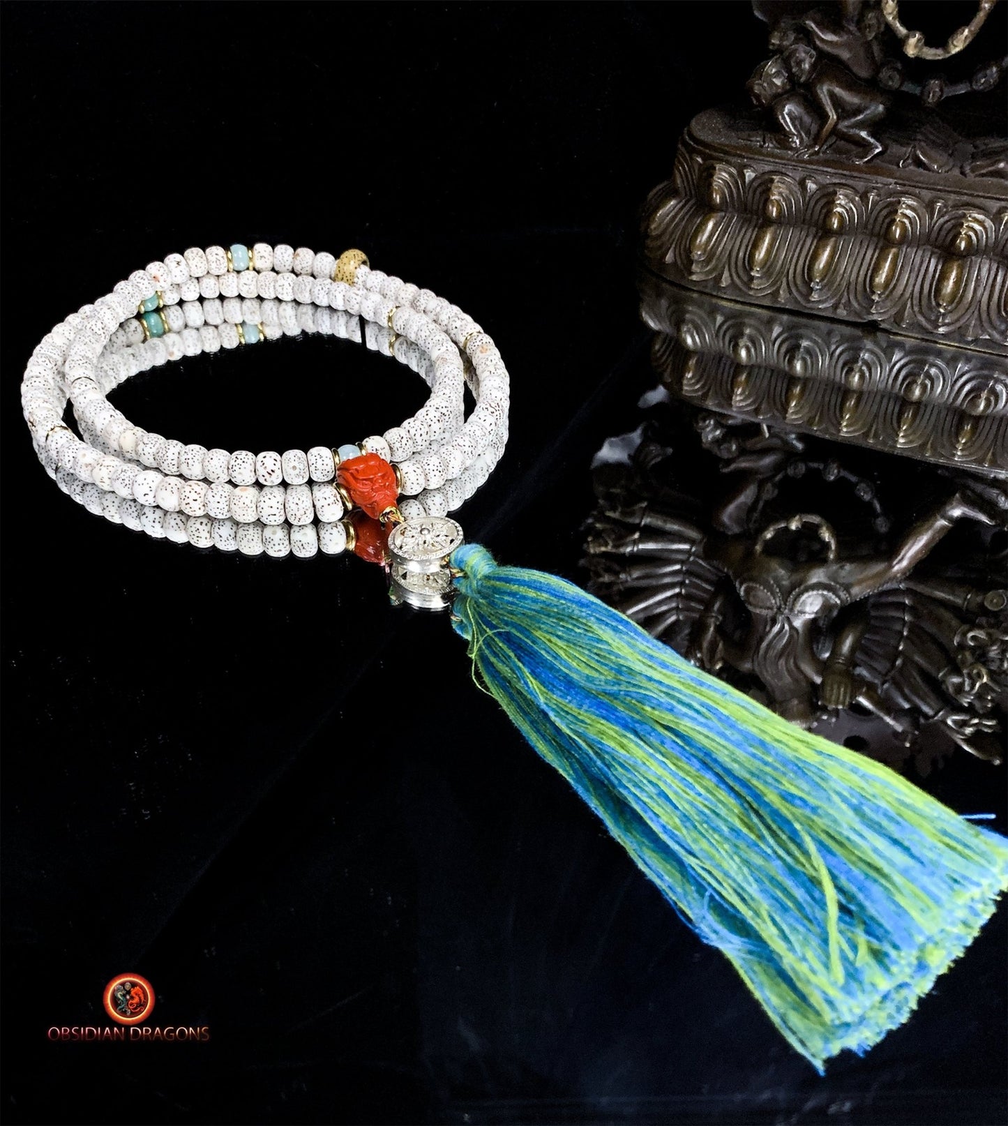 Mala artisanal- chapelet bouddhiste- 108 perles de bodhi | obsidian dragons