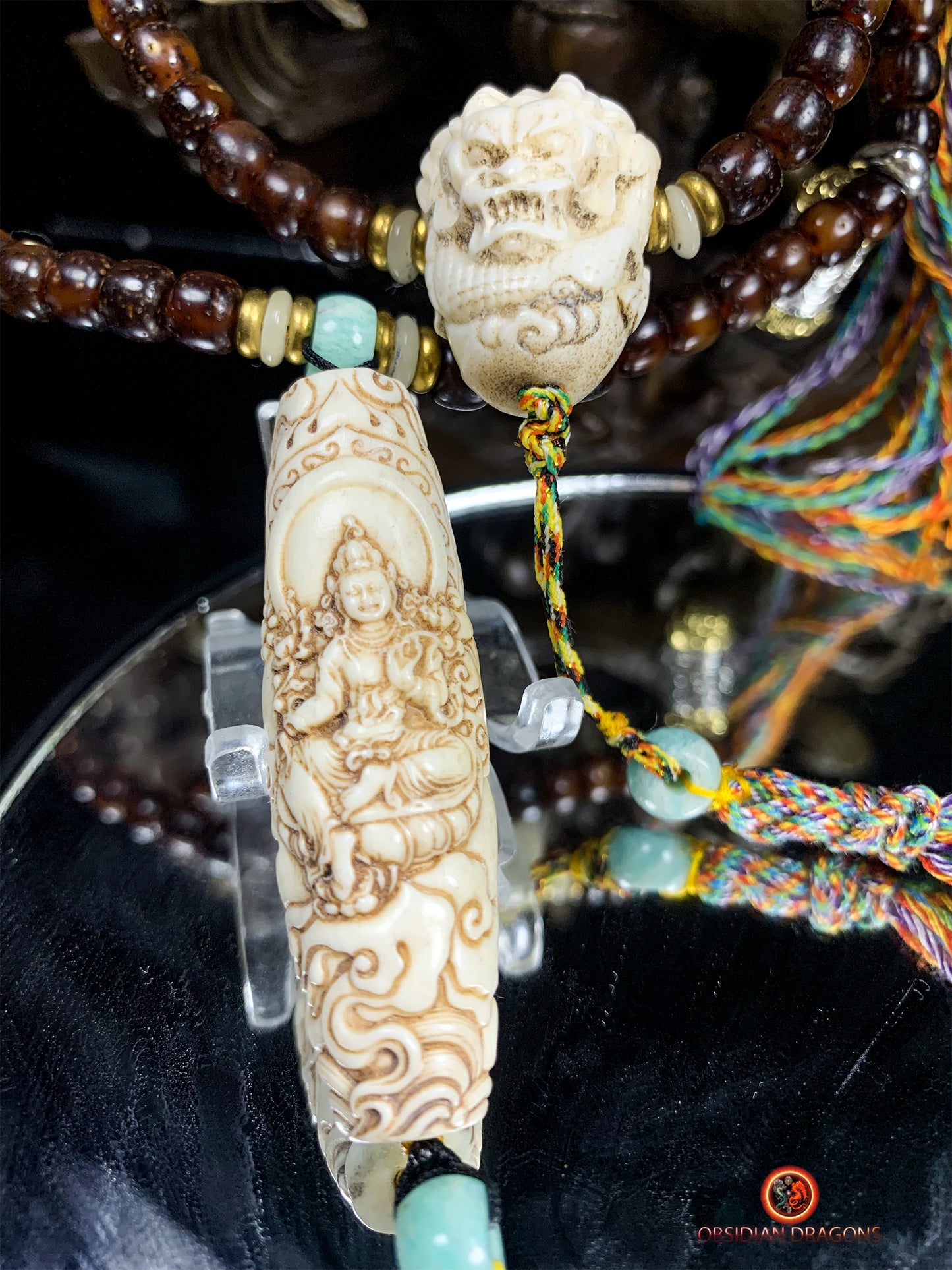 Mala en graines de bodhi fossile- DZI de Tara Verte | obsidian dragons