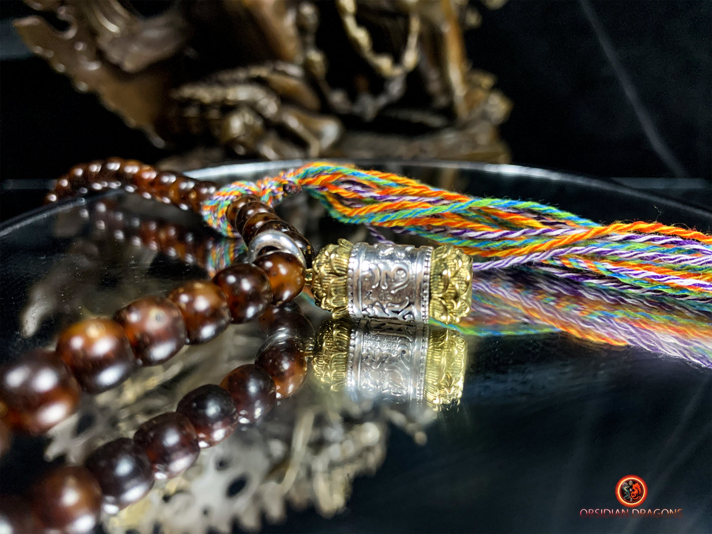 Mala en graines de bodhi fossile- DZI de Tara Verte | obsidian dragons