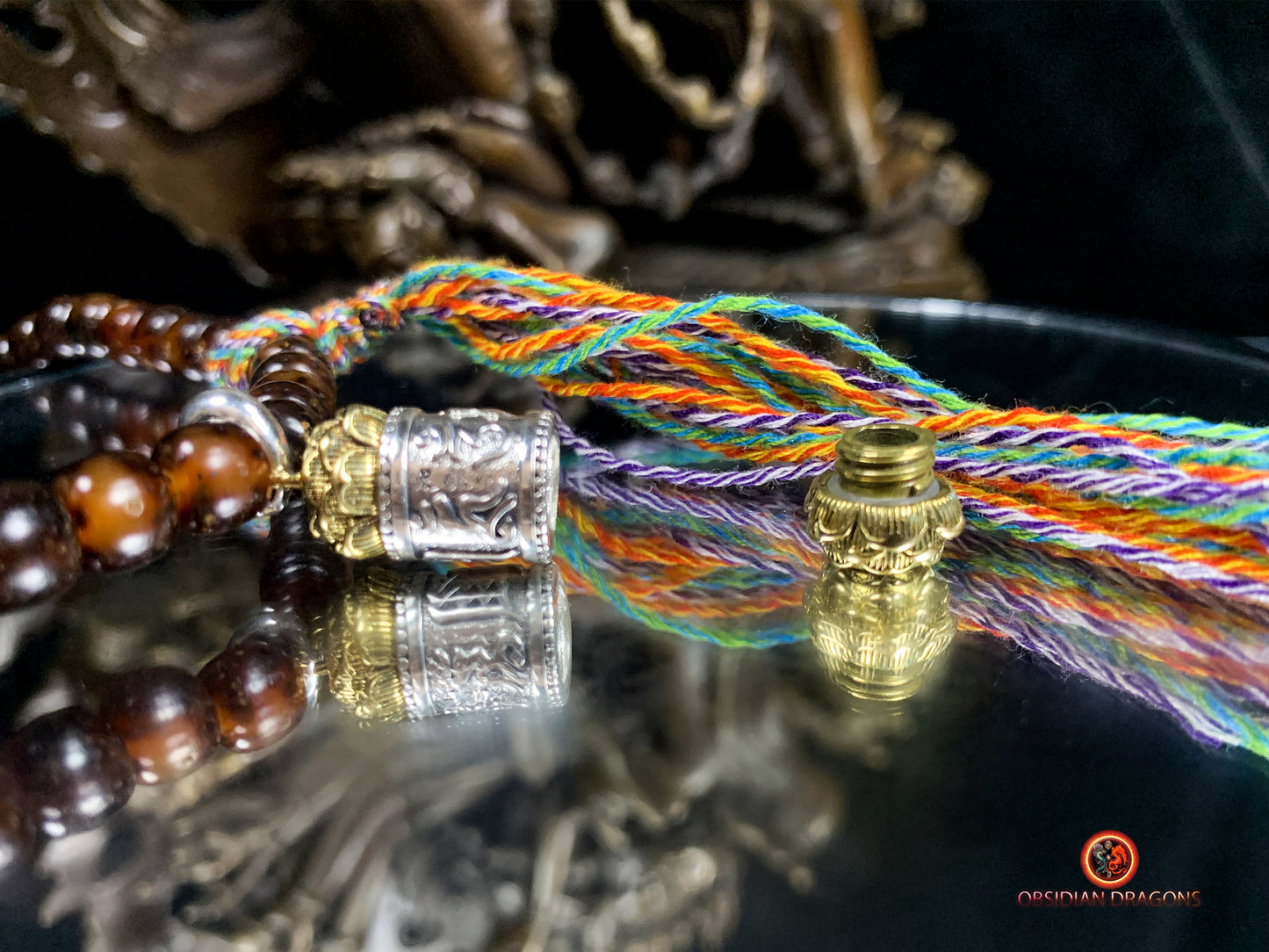Mala en graines de bodhi fossile- DZI de Tara Verte | obsidian dragons