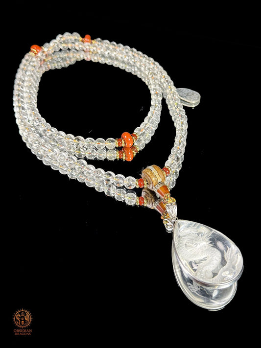 Mala dragon en cristal de roche 108 Perles - Sak Yant - obsidian dragons