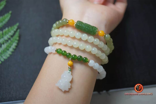 Chapelet mala en jade naturel. Collier de prière et de méditation bouddhiste - obsidian dragon