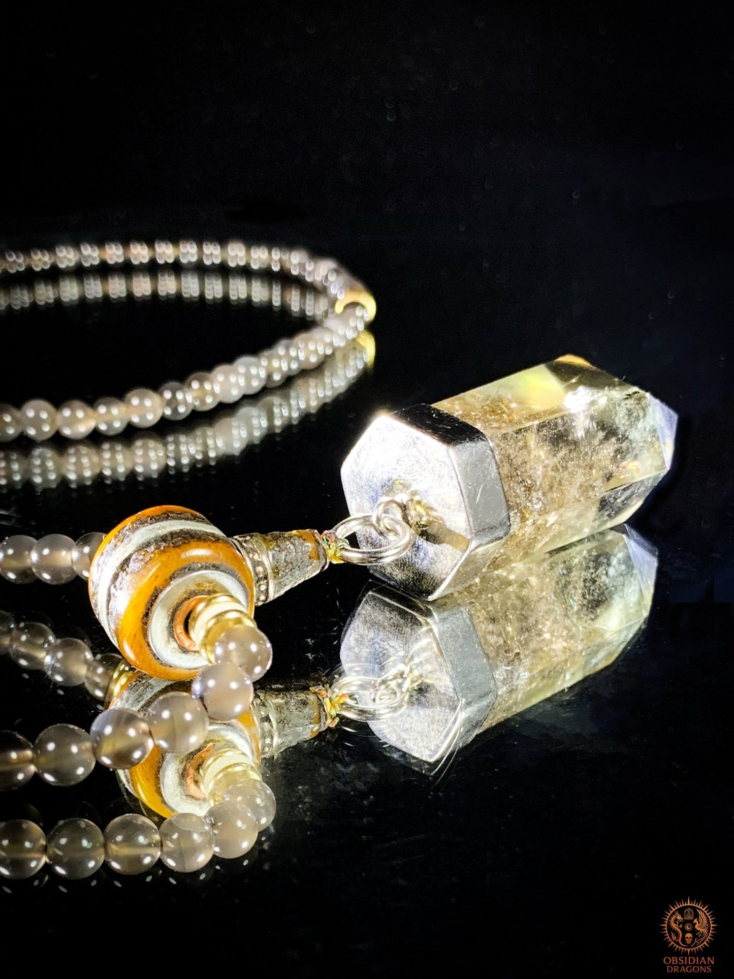 mala en obsidienne - Pointe de citrine - Protection Sak yant - obsidian dragons