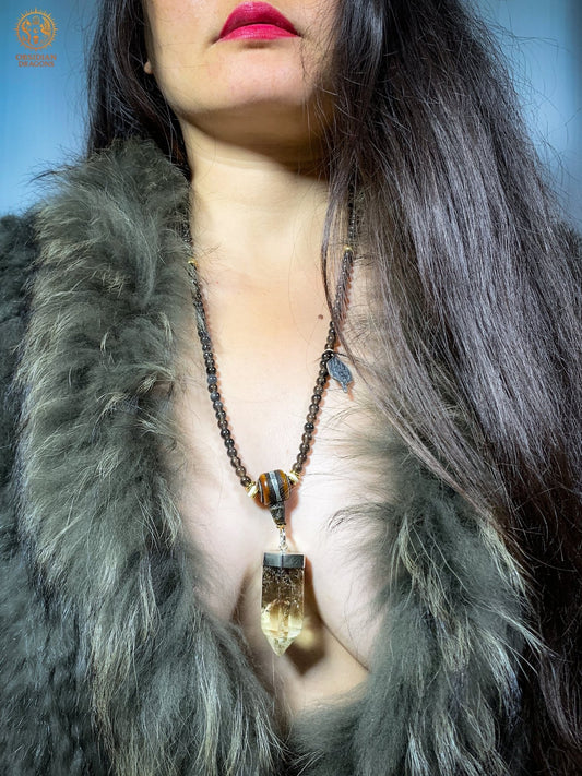 mala en obsidienne - Pointe de citrine - Protection Sak yant | obsidian dragons