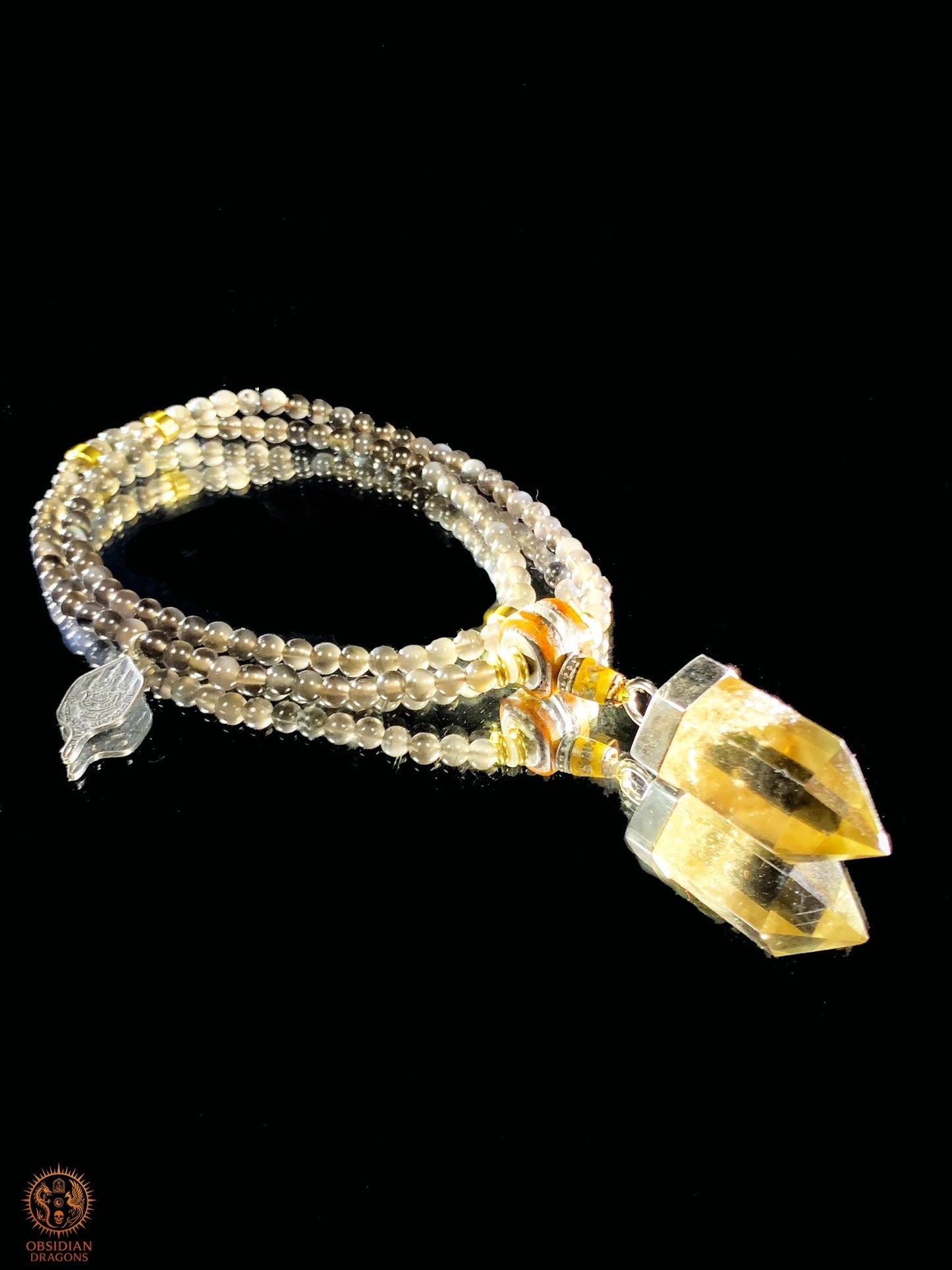Mala en Obsidienne – Pointe de Citrine – Sak Yant Phutson | obsidian dragons