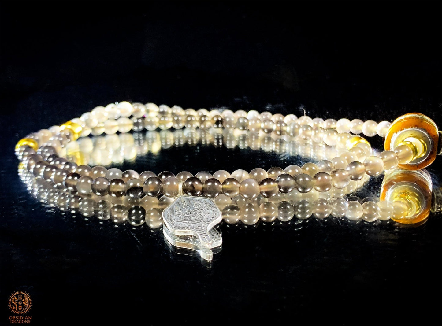 Mala en Obsidienne – Pointe de Citrine – Sak Yant Phutson | obsidian dragons