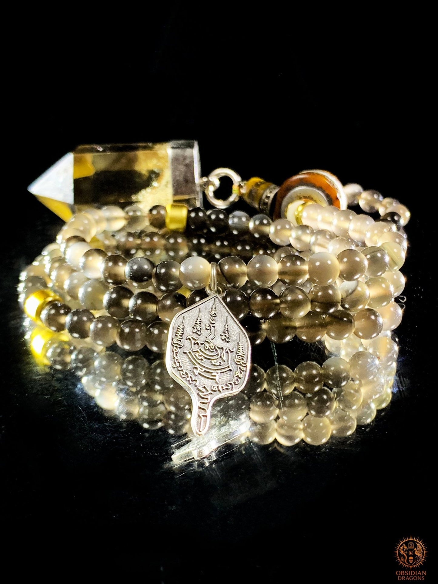Mala en Obsidienne – Pointe de Citrine – Sak Yant Phutson | obsidian dragons