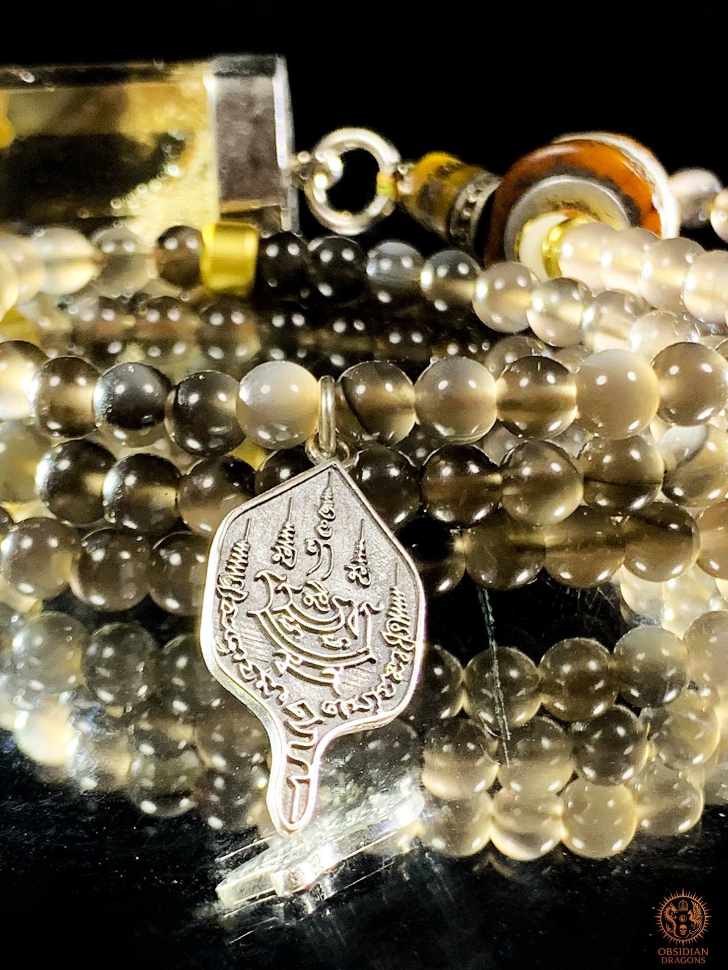 Mala en Obsidienne – Pointe de Citrine – Sak Yant Phutson | obsidian dragons
