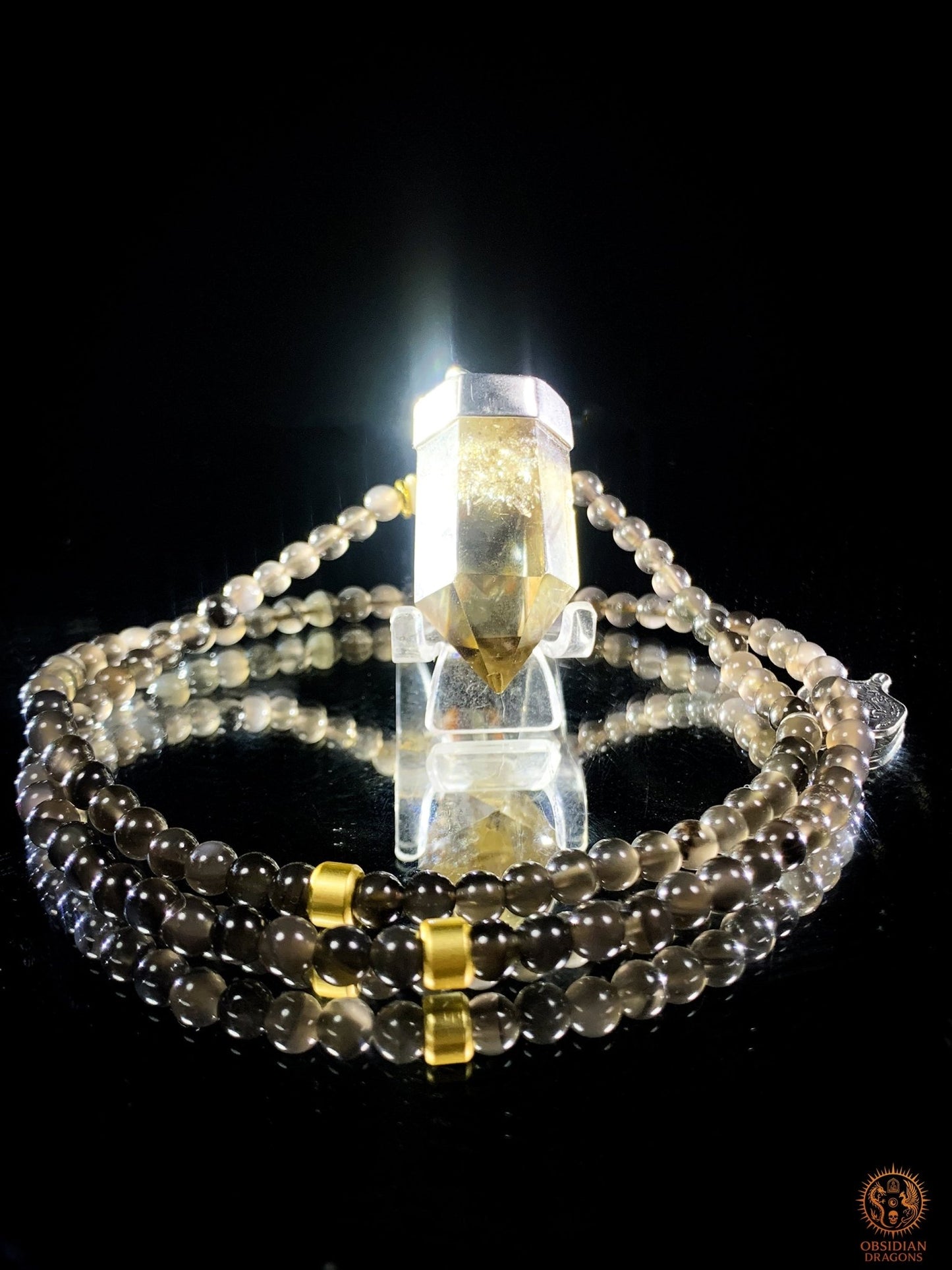 Mala en Obsidienne – Pointe de Citrine – Sak Yant Phutson | obsidian dragons