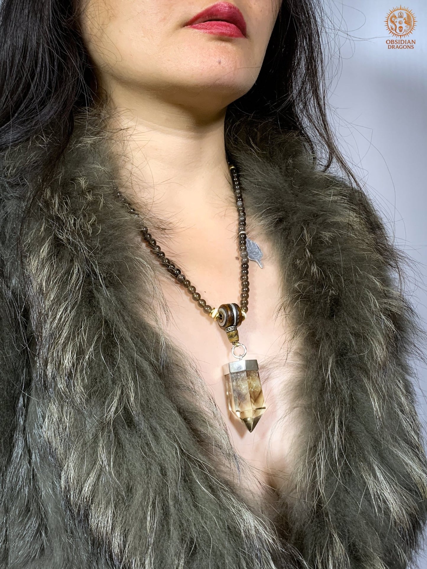 Mala en Obsidienne – Pointe de Citrine – Sak Yant Phutson | obsidian dragons
