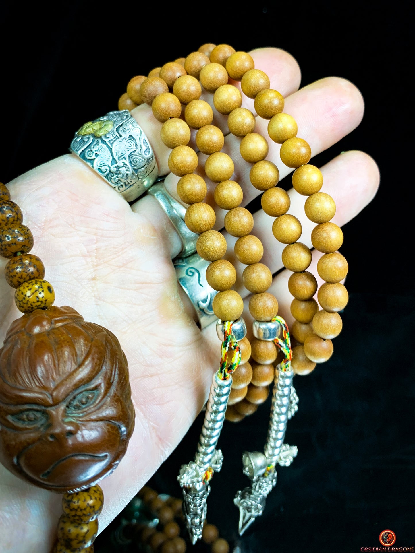 Mala tibétain en santal – Malachite – Argent 925 – Vajrayana