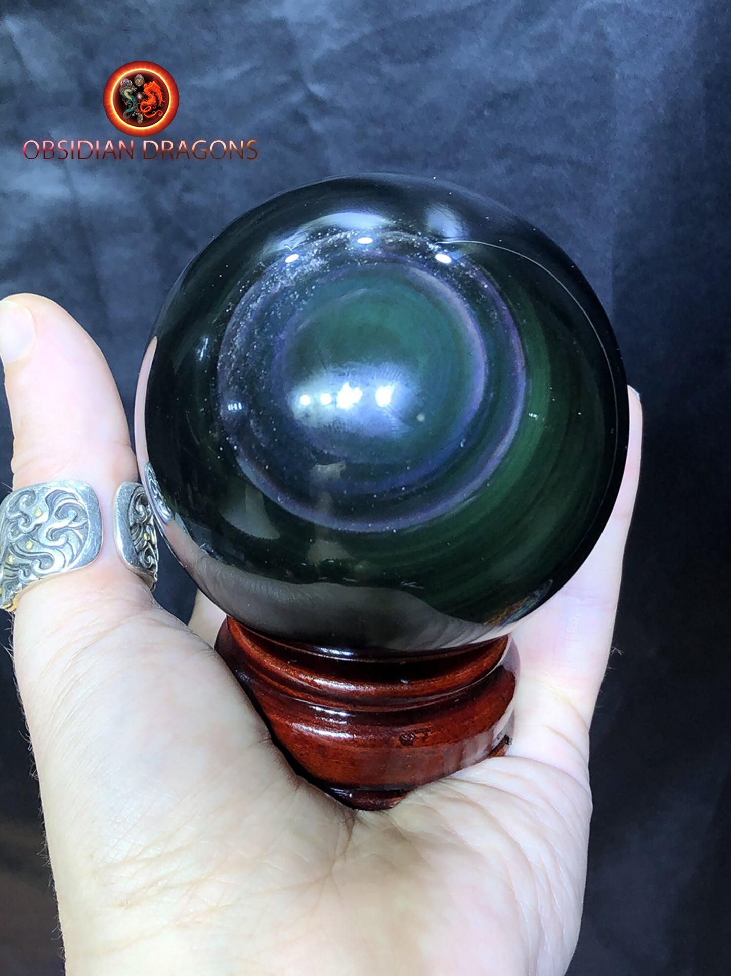 sphère en obsidienne oeil celeste de qualité A+. reflets argentées sur une face. - obsidian dragon