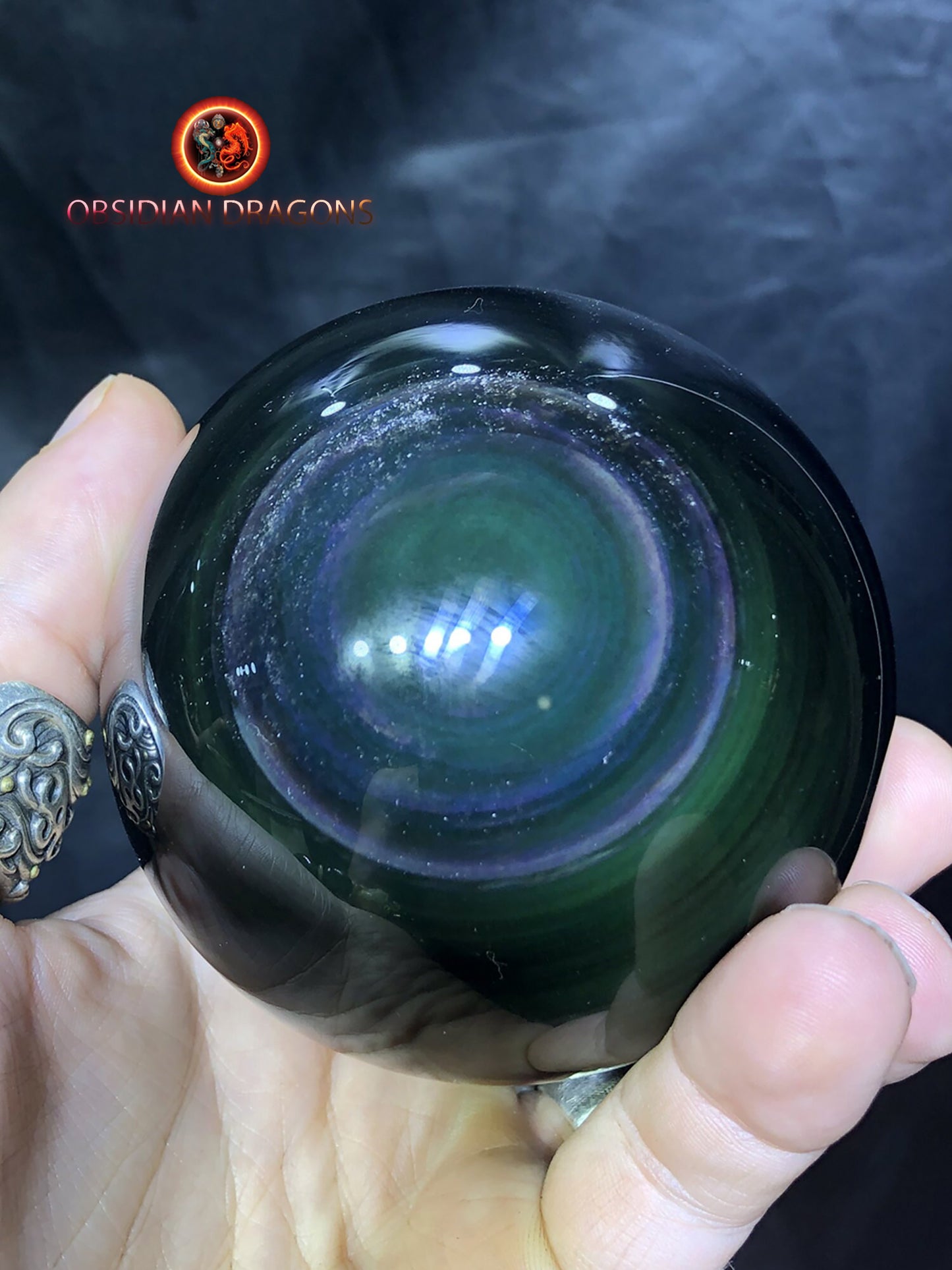 sphère en obsidienne oeil celeste de qualité A+. reflets argentées sur une face. - obsidian dragon