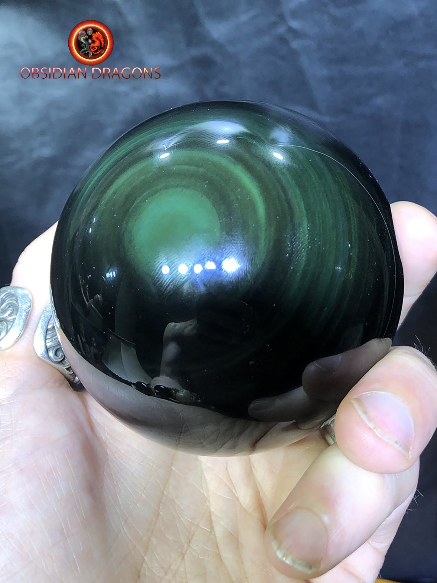sphère en obsidienne oeil celeste de qualité A+. reflets argentées sur une face. - obsidian dragon