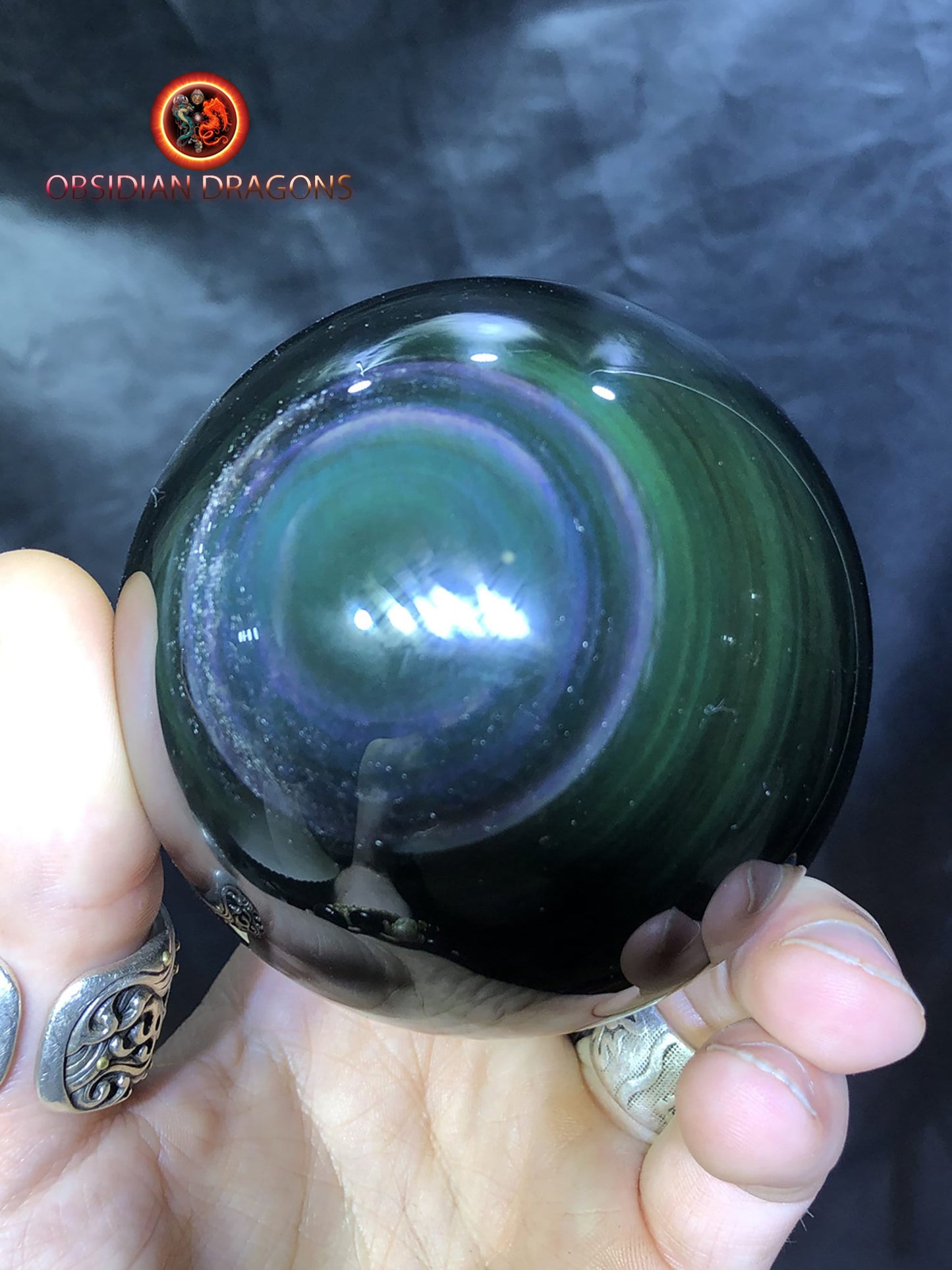 sphère en obsidienne oeil celeste de qualité A+. reflets argentées sur une face. - obsidian dragon