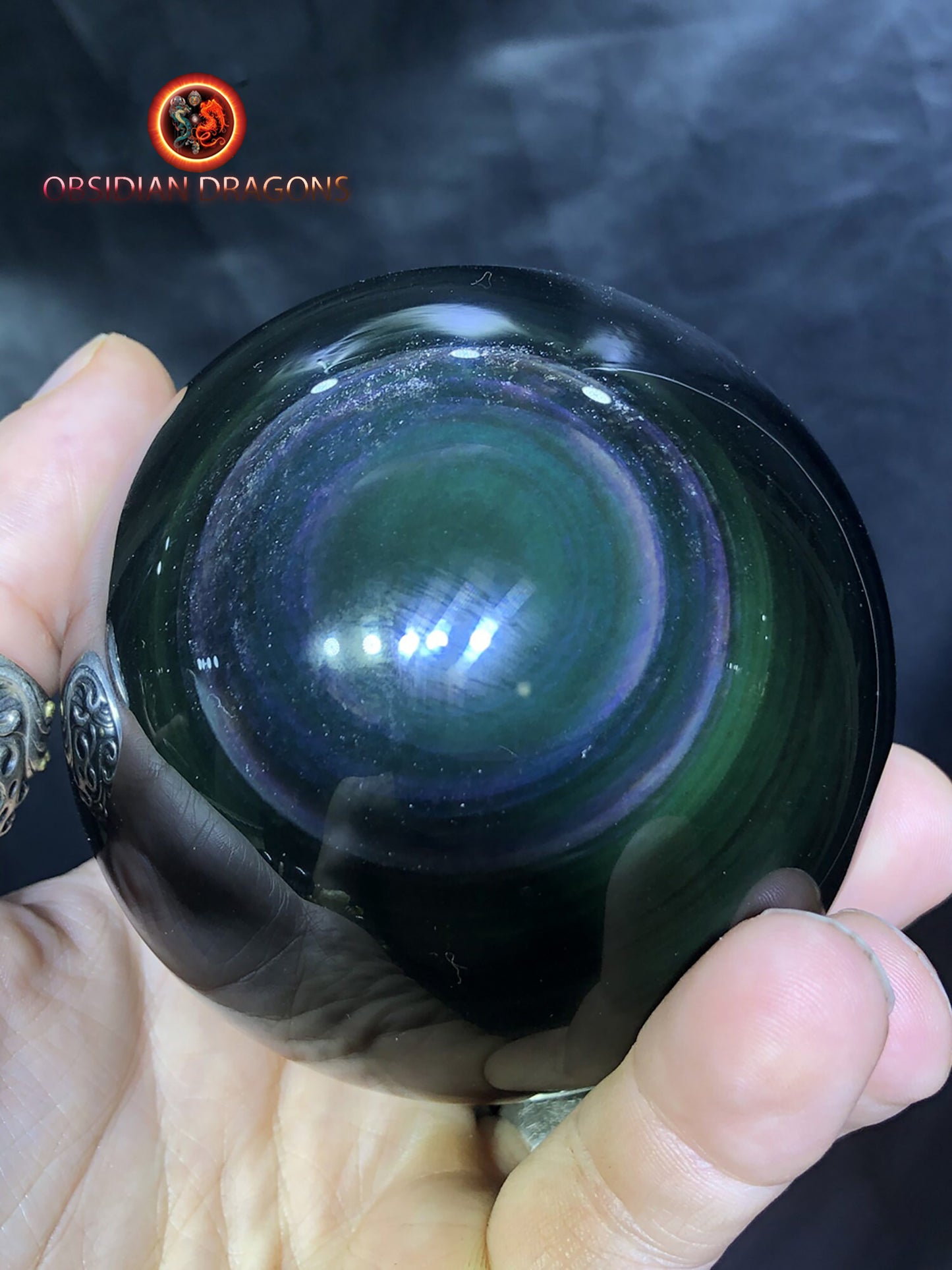 sphère en obsidienne oeil celeste de qualité A+. reflets argentées sur une face. - obsidian dragon