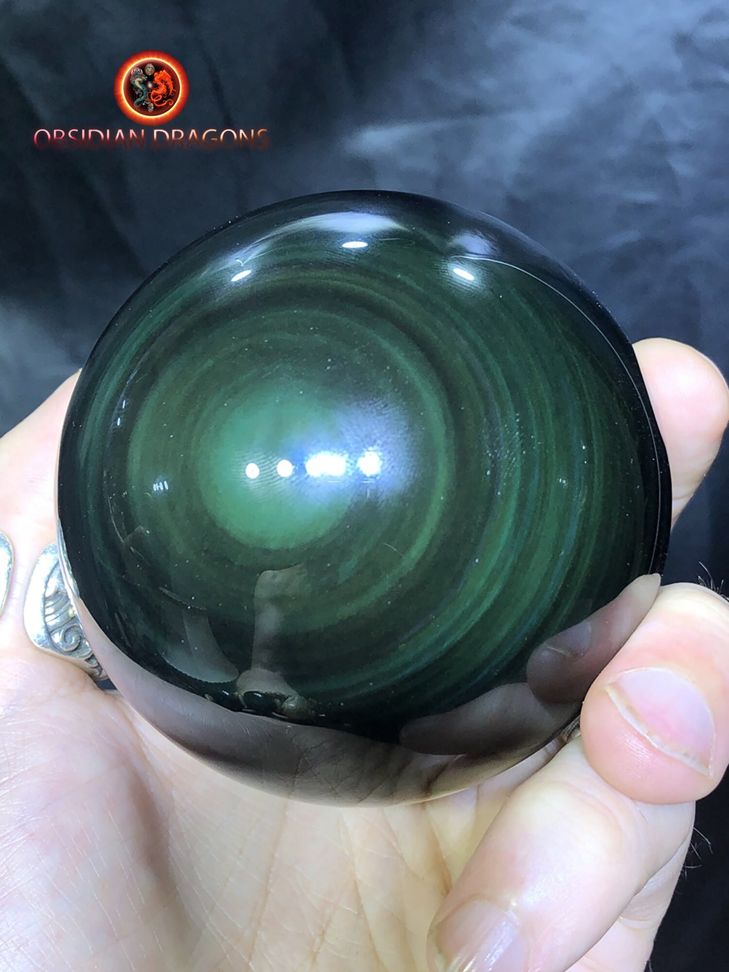 sphère en obsidienne oeil celeste de qualité A+. reflets argentées sur une face. - obsidian dragon