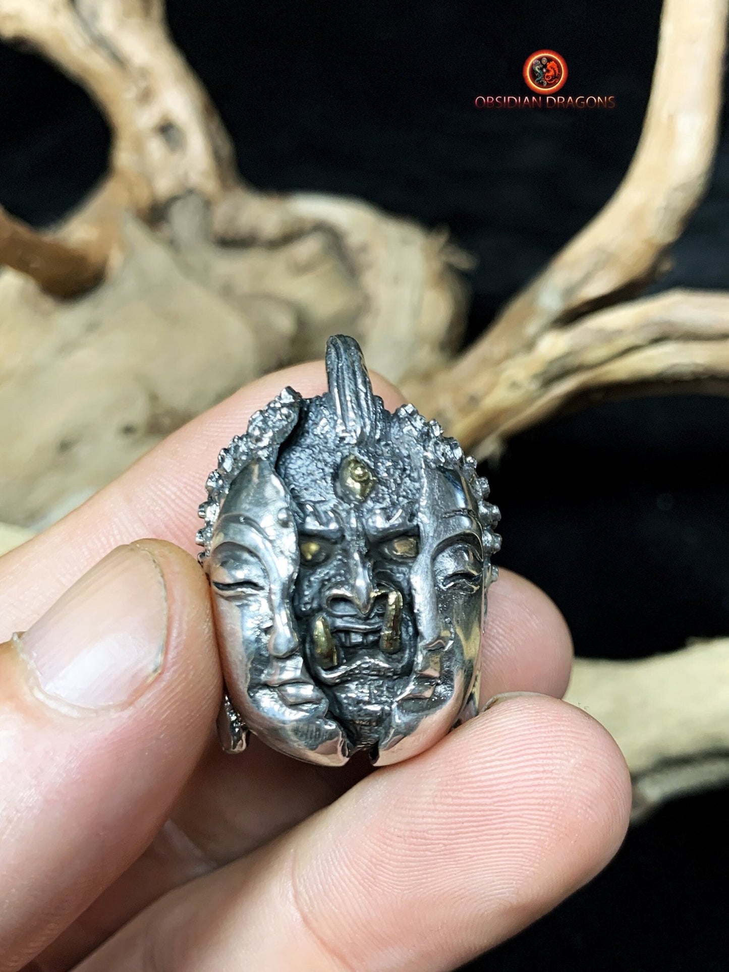 pendentif tête de bouddha et démon- argent 925- Makara | obsidian dragons