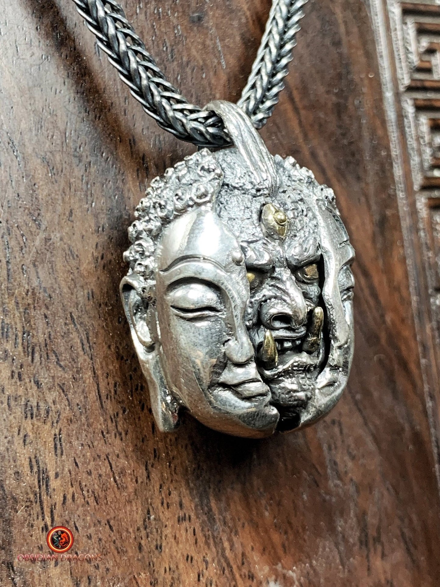 pendentif tête de bouddha et démon- argent 925- Makara | obsidian dragons