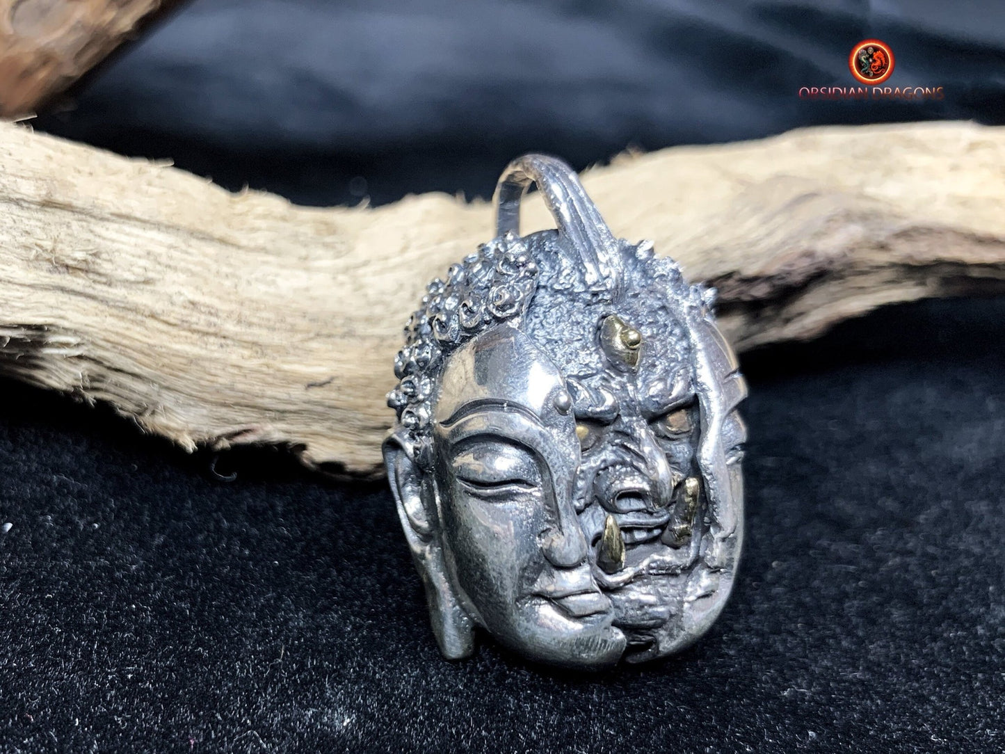pendentif tête de bouddha et démon- argent 925- Makara | obsidian dragons