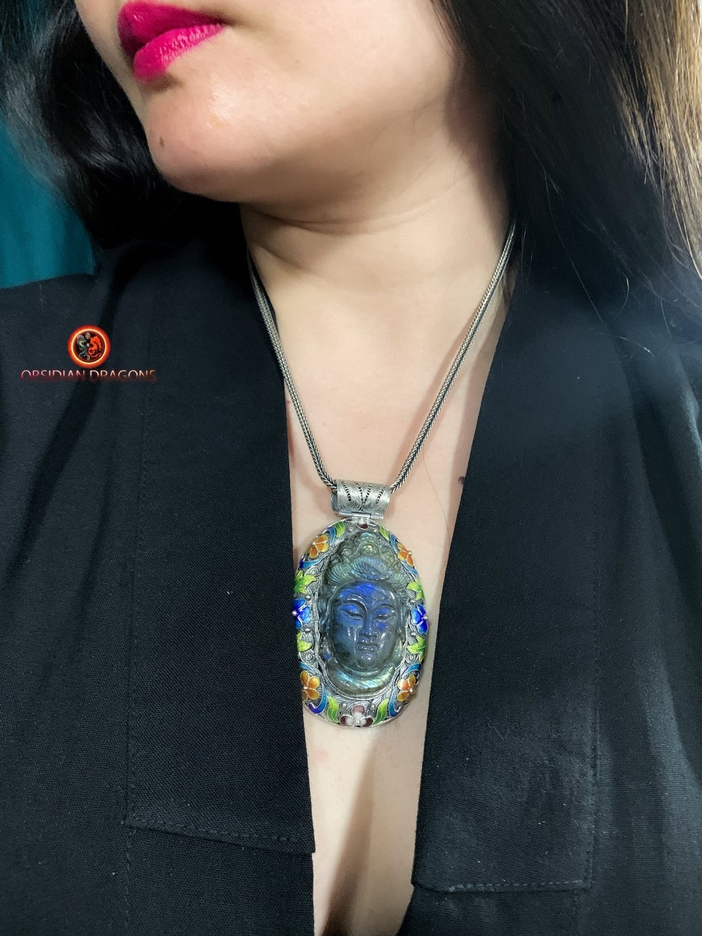 Pendentif Bouddha en Labradorite - Argent et Cloisonné | obsidian dragons