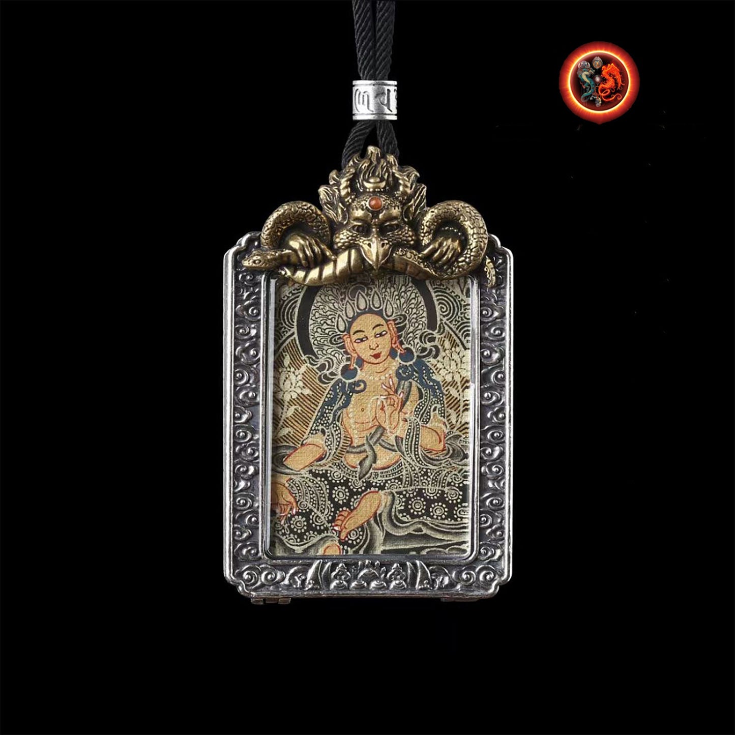 Pendentif bouddha, Amulette, reliquaire protection bouddhisme tibétain Tara verte argent 925, bronze. thangka peint à la main dorje tournant au verso. - obsidian dragon