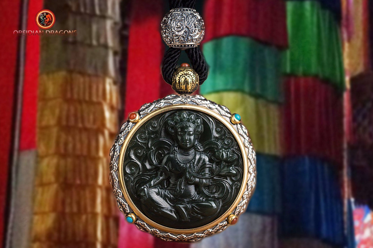 Pendentif Bouddha jade et argent- Tara verte | obsidian dragons