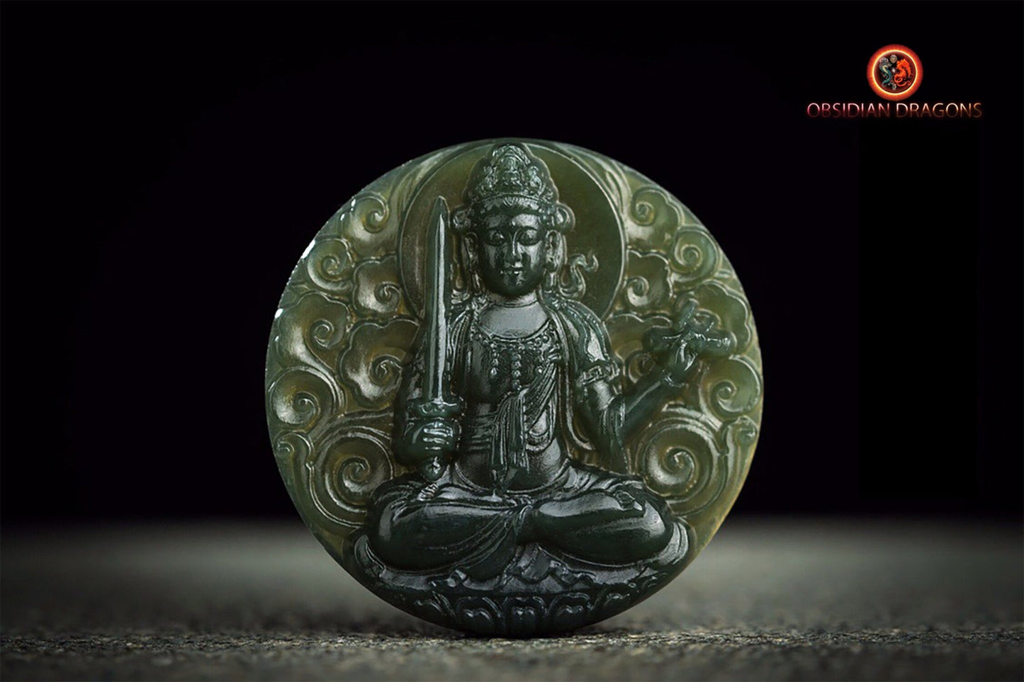 Pendentif Bouddha jade et argent- Manjushri | obsidian dragons