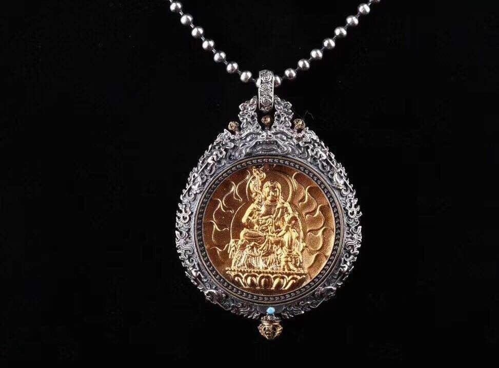 reliquaire de protection bouddhiste Acala en argent massif 925 plaqué or 18k turquoise. roue de la vie - obsidian dragon