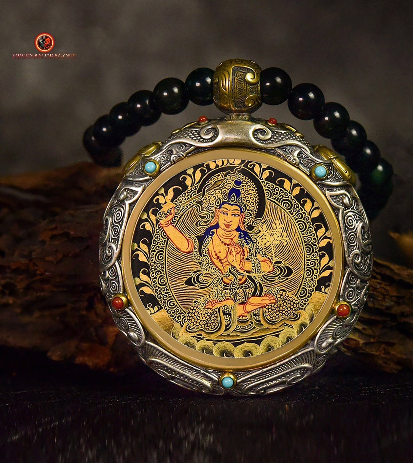 Ghau- Pendentif Tangka exceptionnel- Bouddha Manjushri | obsidian dragons