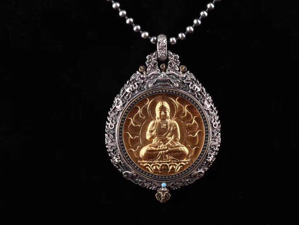 reliquaire de protection bouddhiste Amitabha en argent massif 925 plaqué or 18k turquoise. roue de la vie - obsidian dragon