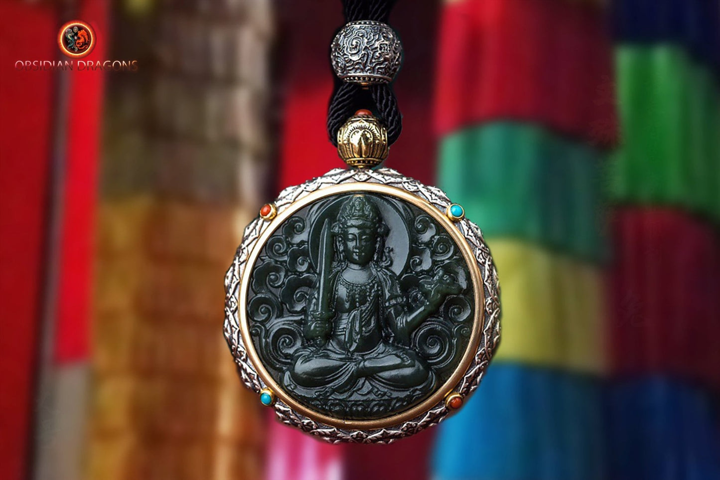 Pendentif Bouddha jade et argent- Manjushri | obsidian dragons