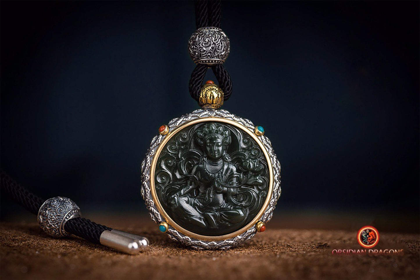 Pendentif Bouddha jade et argent- Tara verte | obsidian dragons