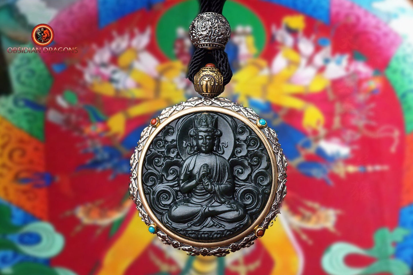 Pendentif Bouddha jade et argent- Bouddha Vairocana | obsidian dragons