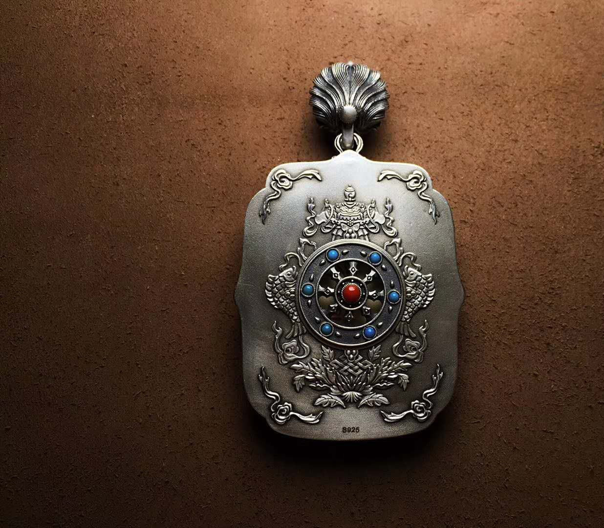 Pendentif Bouddha Samantabhadra. Amulette de protection tibétaine en argent massif 925 - Tangka traditionnel - obsidian dragon