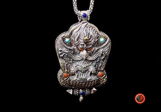 gau, reliquaire, pendentif de protection bouddhiste, Garuda, argent 925, turquoise, agate nan hong. - obsidian dragon