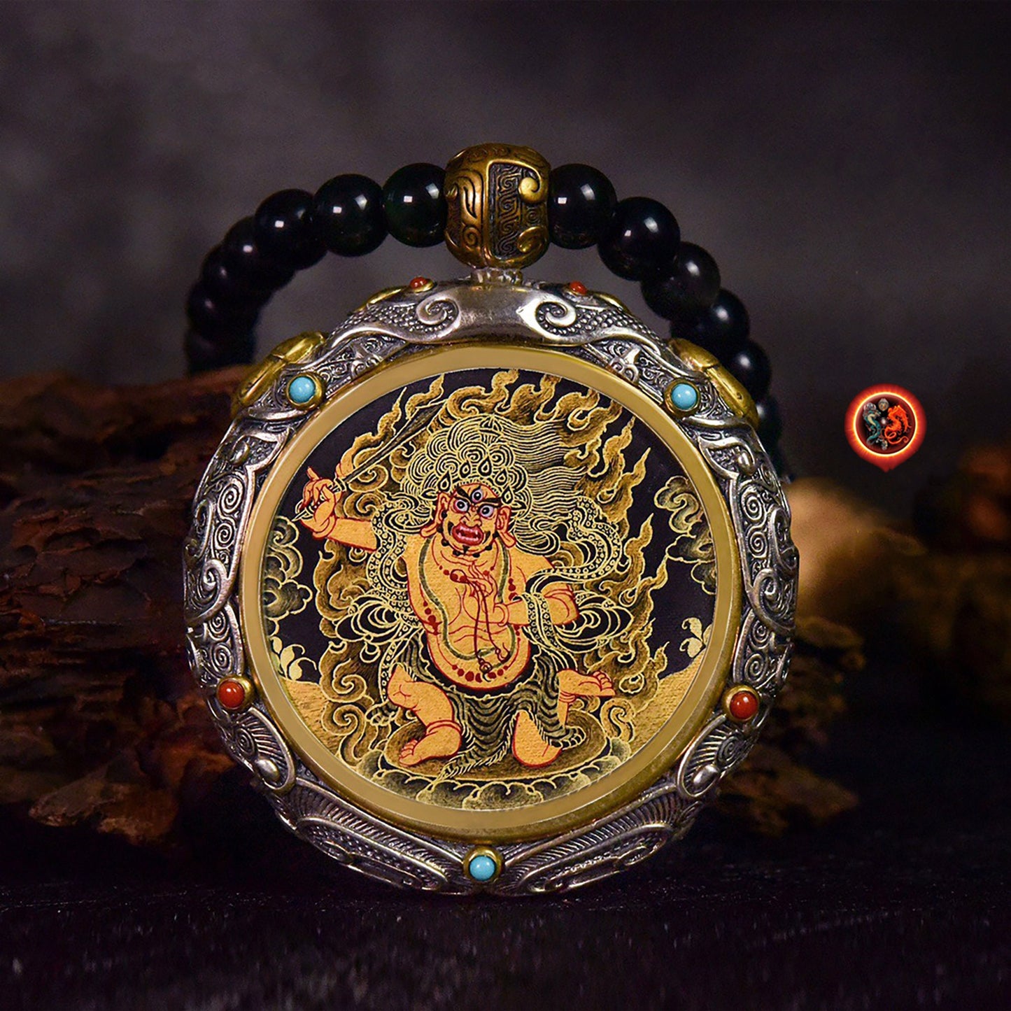 Pendentif Bouddha Acala. Amulette protection bouddhisme tibétain argent 925. thangka peint à la main roue tournante au verso, mala 108 perles - obsidian dragon