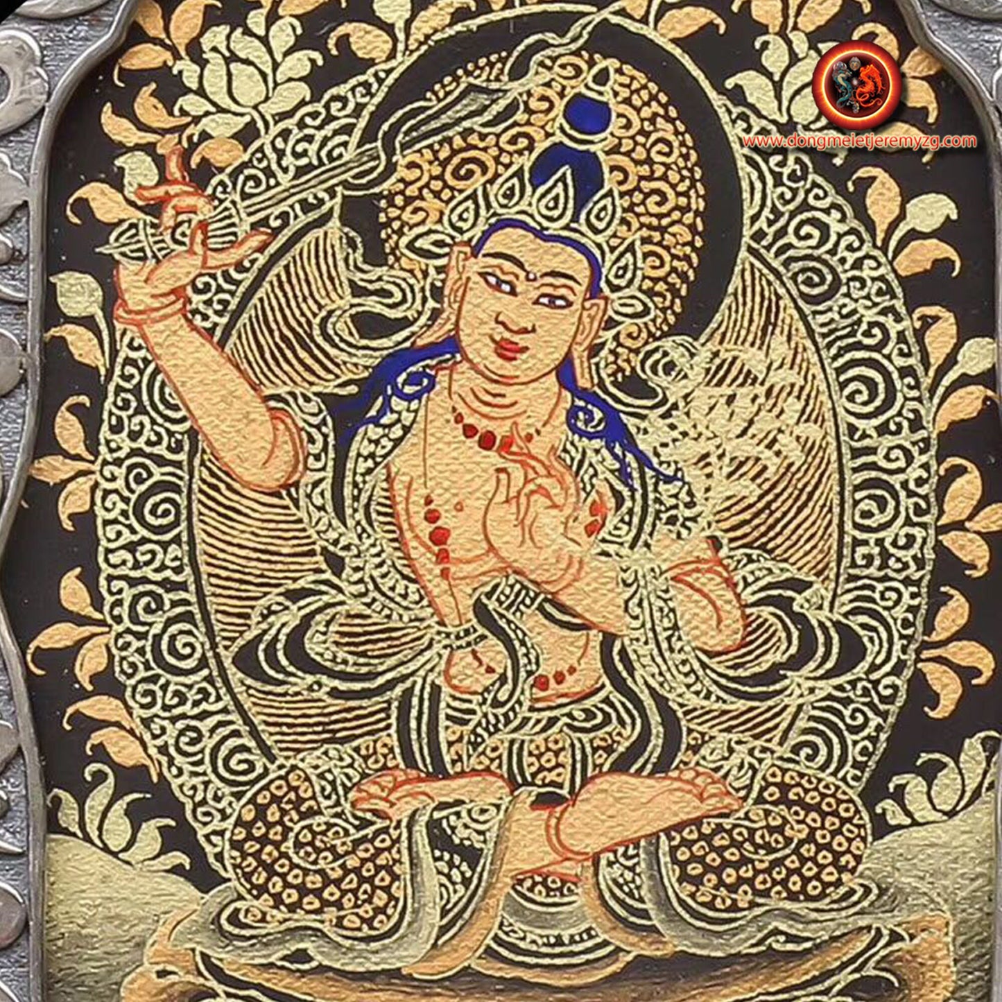 Pendentif Bouddha. Tangka artisanal de Manjushri bodhisattva. Bélière Garuda - obsidian dragon