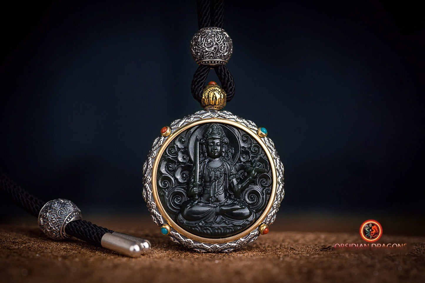 Pendentif Bouddha jade et argent- Manjushri | obsidian dragons