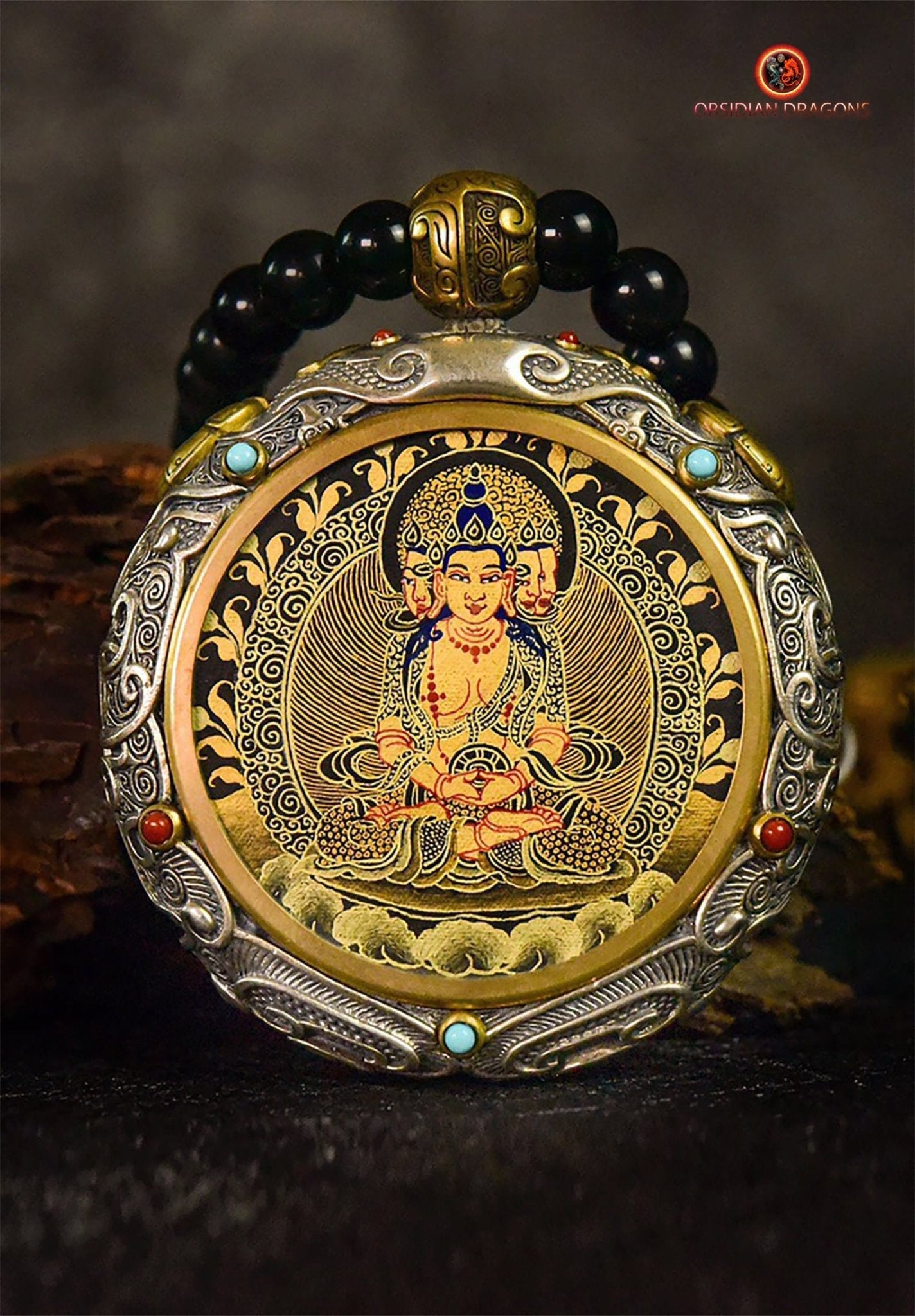 Ghau- Pendentif Tangka exceptionnel- Bouddha Vairocana | obsidian dragons