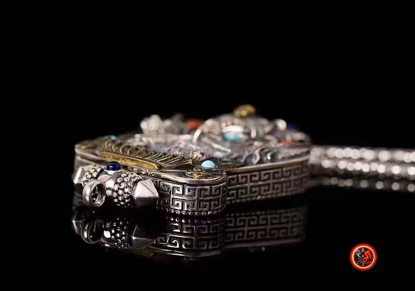 gau, reliquaire, pendentif de protection bouddhiste, Garuda, argent 925, turquoise, agate nan hong. - obsidian dragon